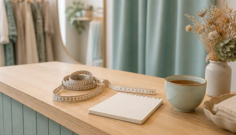 A fitting-room counter with a tape measure and notepad