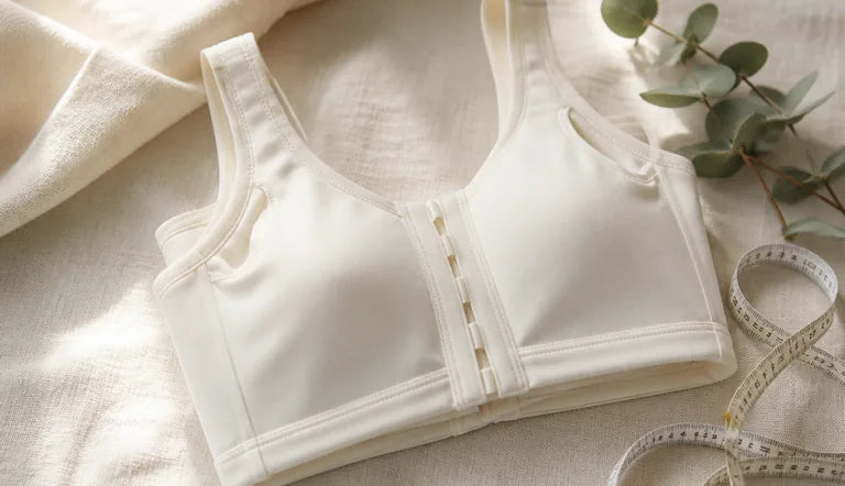 A pocketed front-closure post-surgery bra folded on linen