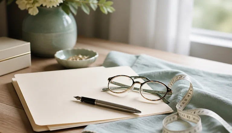 Insurance paperwork, reading glasses and a tape measure on a desk
