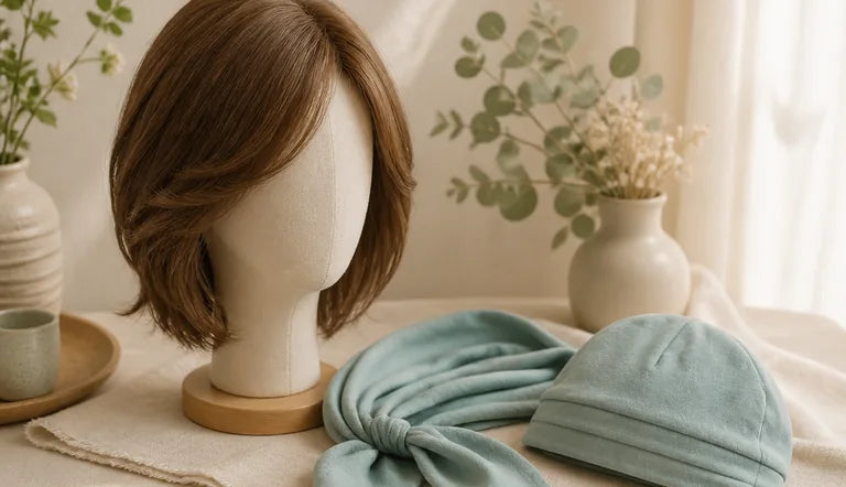A wig on a stand beside a soft head scarf and sleep cap